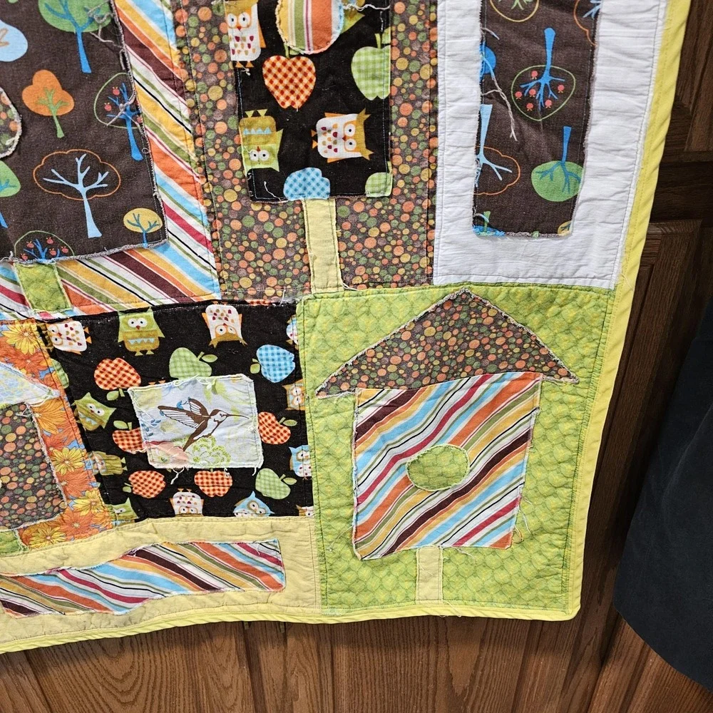 Handmade Baby Quilt Patchwork Owls Flowers Cotton Microfiber Back 48x40 Multi